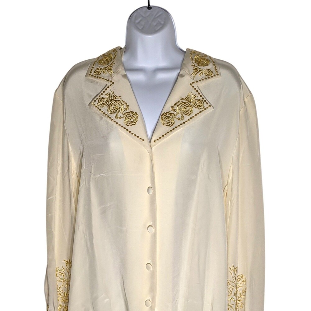 NWT Vtg DVF 100% Silk Blouse Sz L Ivory Gold Floral Embroidery Luxury Designer - Picture 4 of 15